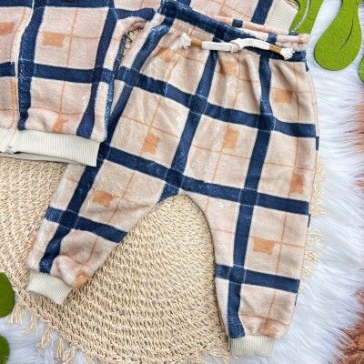 Conj. Casaco Xadrez com Ursinho e Calça de Pelinho - Areia e Azul Jeans